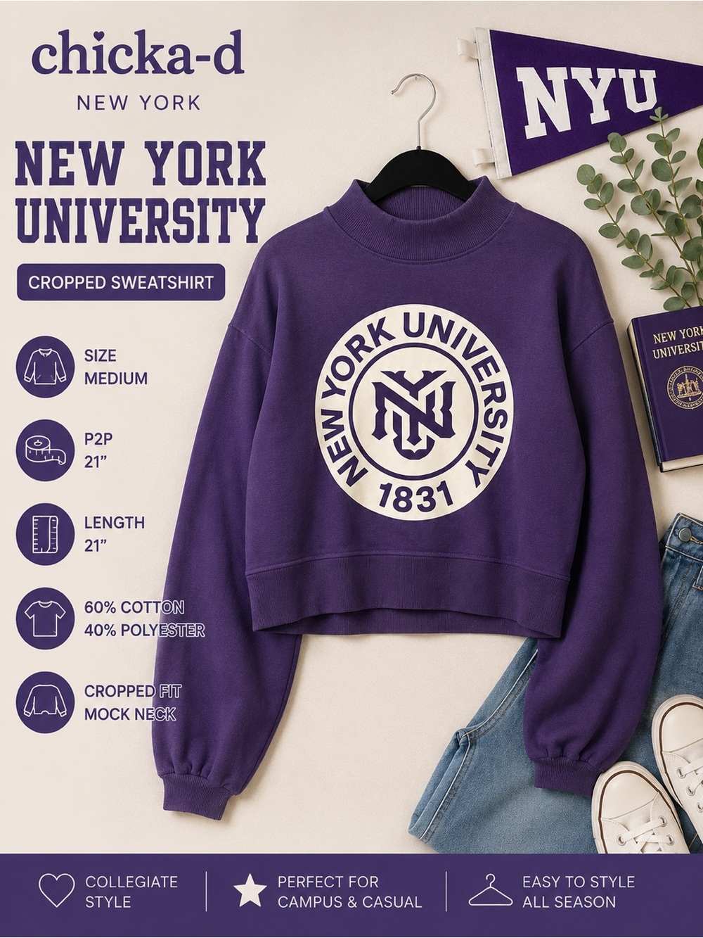 Chicka-d New York University NYU Purple Cropped Mock Neck Sweatshirt Size M